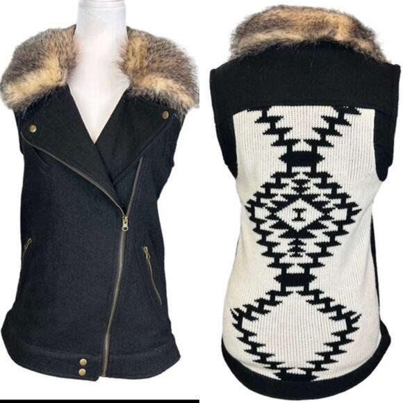 Thread & Supply Wool Faux Fur Sweater Aztec Vest Black White Size Medium - Picture 1 of 9